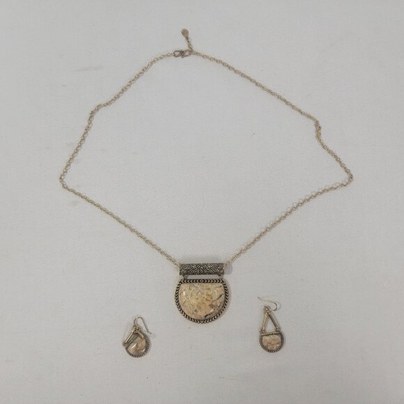 Barse Thailand Necklace Pendant Earrings Vintage Jewelry Art Beige Marble Stone